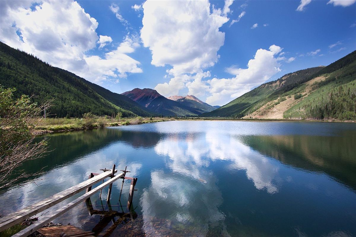A still mountain lake under Colorado peaks